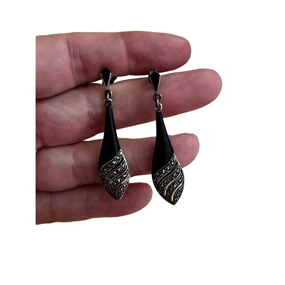 FAS Sterling, Onyx and Marcasite Earrings - Picture 7 of 7